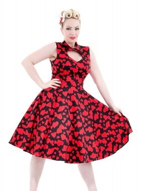 Hearts & Roses London black and red heart retro dress size US 14